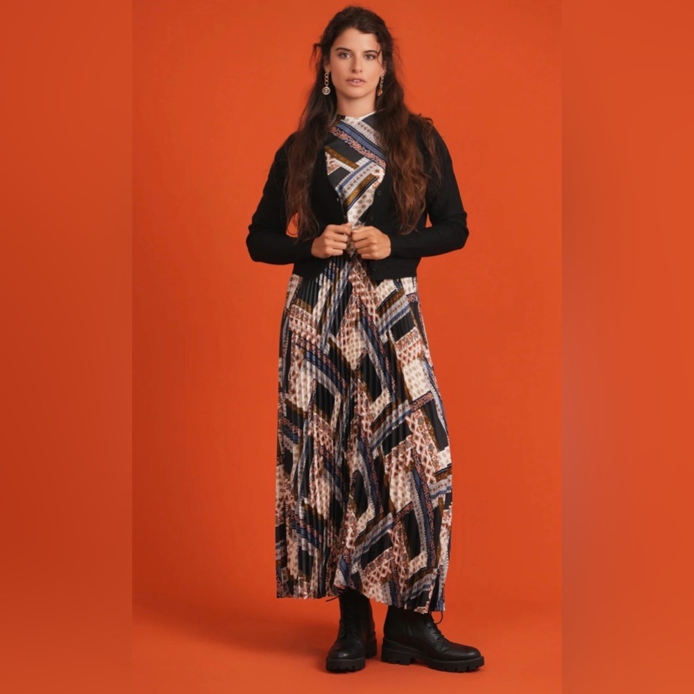Noni Pleated Maxi Dress Patchwork Print Elastic Waist Small Tall